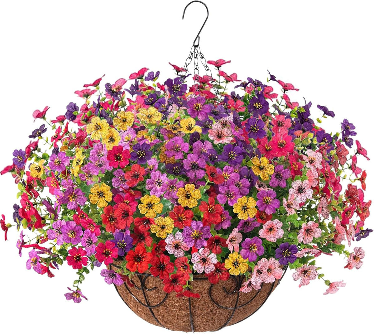 HyeFlora Artificial Fake Hanging Plants Flowers with Basket Outdoor Spring Decor, Faux Silk Pink Daisy in Pot Planter Realistic UV Resistant for Porch Home Indoor Patio Balcony Garden Yard