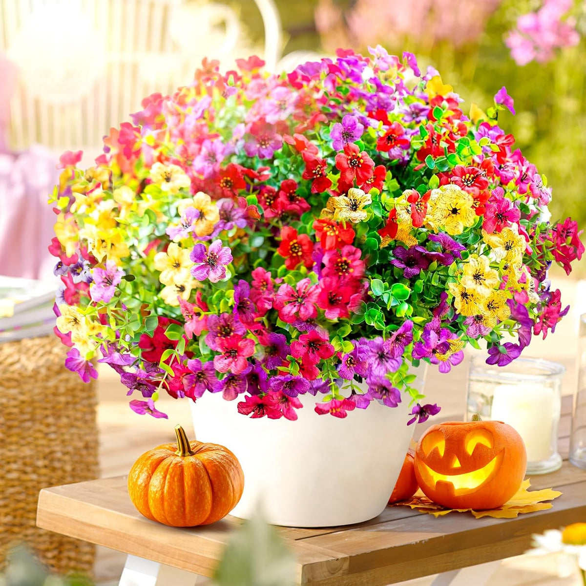 Artificial Flowers for Outdoors, Faux Flowers Daisy with Eucalyptus Leaves for Indoor Garden Home Decoration, UV Resistant Artificial Flower Fake Plants for Porch Patio, 12 Bundles (6 Multicolor)