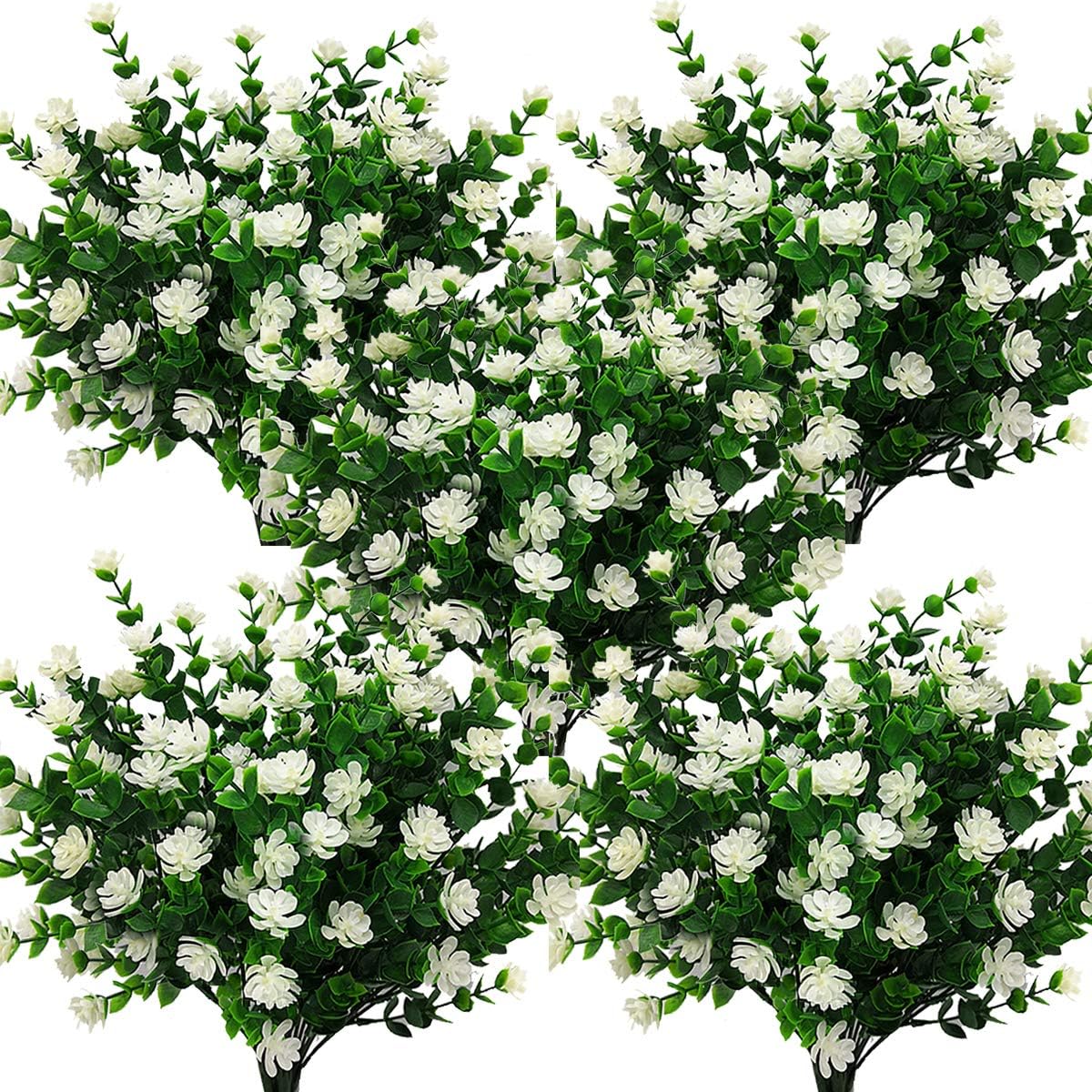 Grunyia 10 Bundles Artificial Fake Flowers, Faux Outdoor Plastic Plants UV Resistant Shrubs Outside Indoor Decorations (Blue-Eucalyptus)