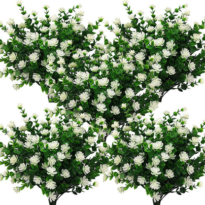Grunyia 10 Bundles Artificial Fake Flowers, Faux Outdoor Plastic Plants UV Resistant Shrubs Outside Indoor Decorations (Blue-Eucalyptus)