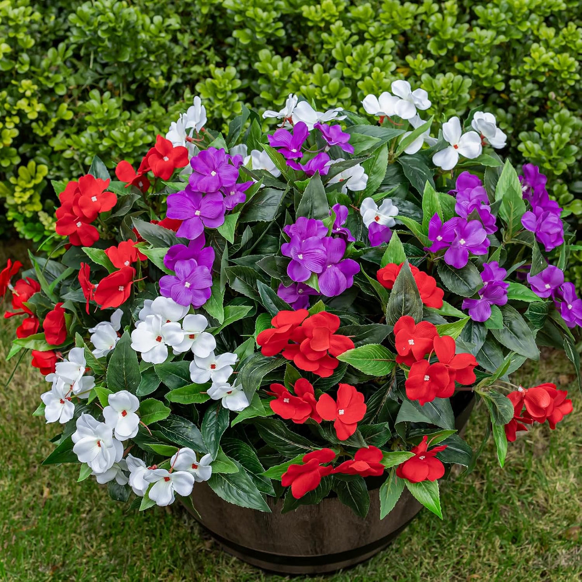 Artificial Fake Flowers for Outdoor Décor 6 Bundles UV Resistant Fake Plants for Planter Faux Impatiens for Home Porch/Garden Stunning（Rose Red）