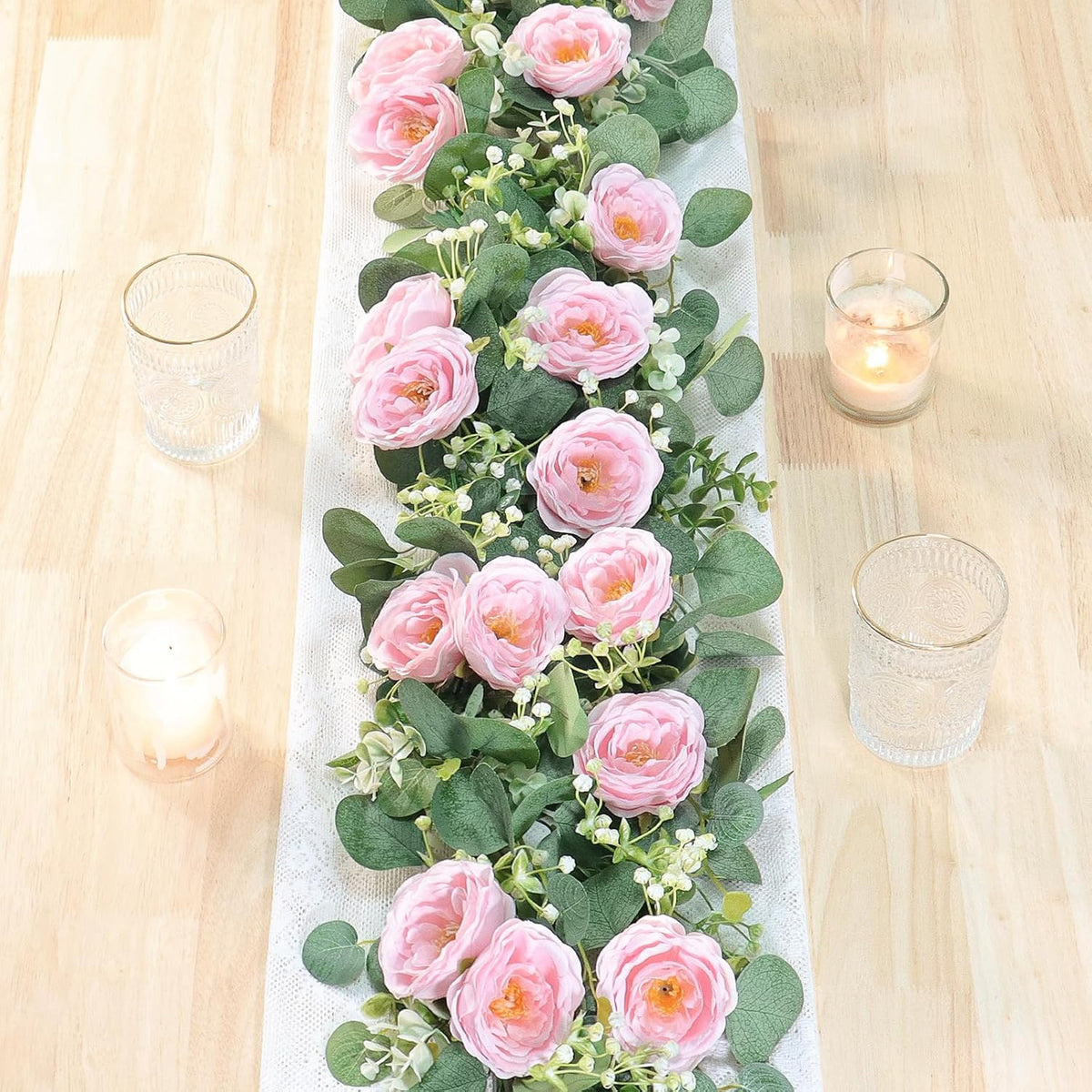 TOCHGREEN 2 Pack 13Ft Artificial Eucalyptus Flower Garland with Pink Roses, Fake Rose Flower Greenery Garland Floral Vines for Wedding Home Party Table Runner Decor (4PCS, Pink)