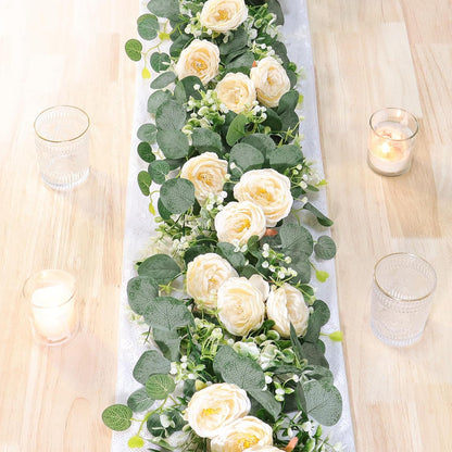 TOCHGREEN 2 Pack 13Ft Artificial Eucalyptus Flower Garland with Pink Roses, Fake Rose Flower Greenery Garland Floral Vines for Wedding Home Party Table Runner Decor (4PCS, Pink)