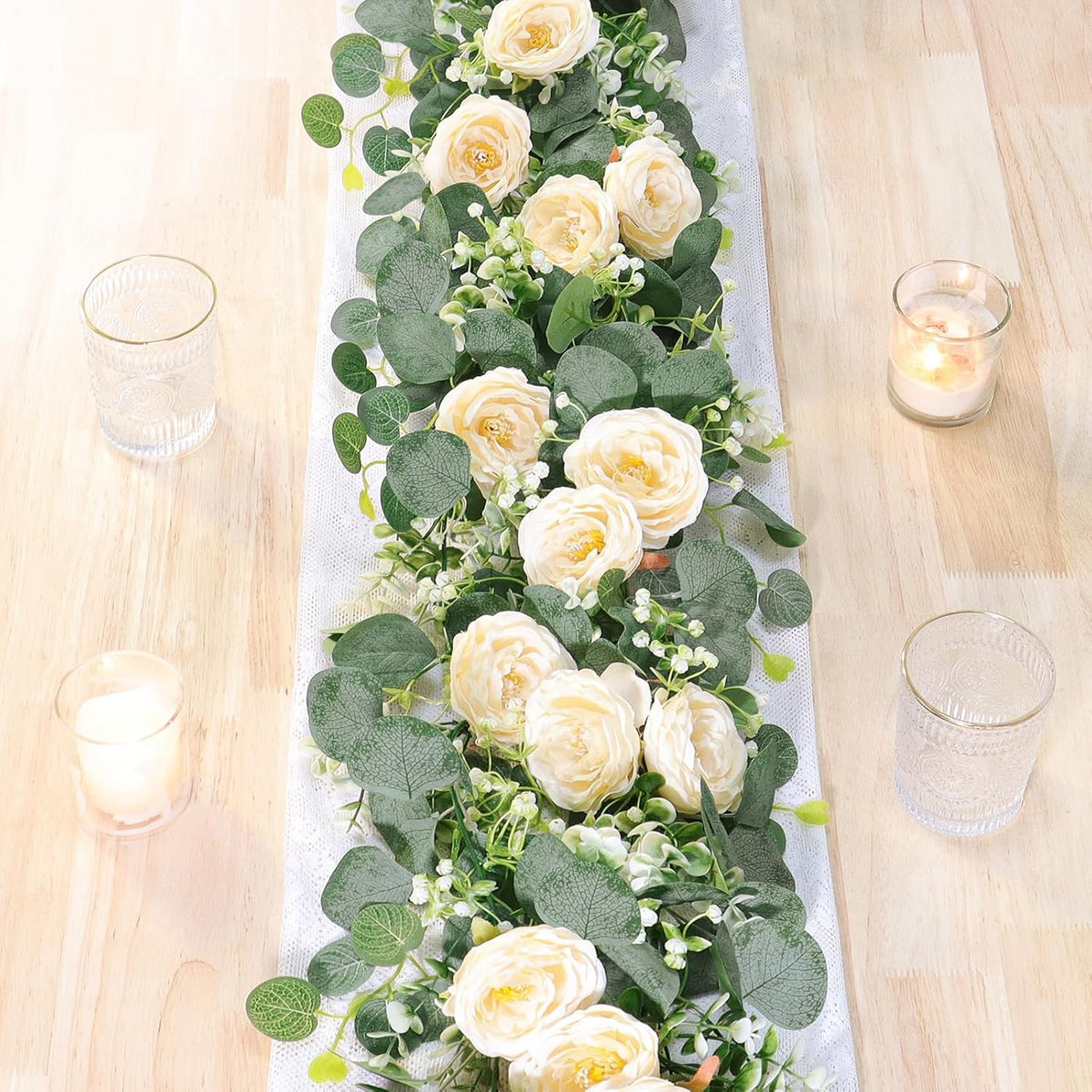 TOCHGREEN 2 Pack 13Ft Artificial Eucalyptus Flower Garland with Pink Roses, Fake Rose Flower Greenery Garland Floral Vines for Wedding Home Party Table Runner Decor (4PCS, Pink)