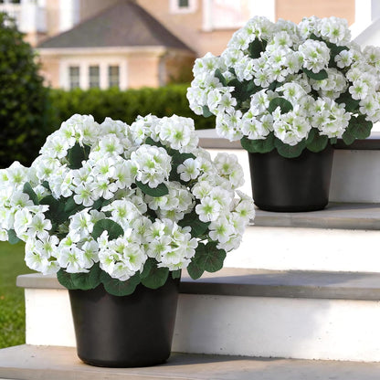 2 Pack Artificial Geranium Flowers Topitary Trees for Outdoors, UV Resistant Geraniums Potted Bushes Look Real Silk Faux Plants for Front Door Garden Porch Planter Farmhouse Home Decor (Peach Red)