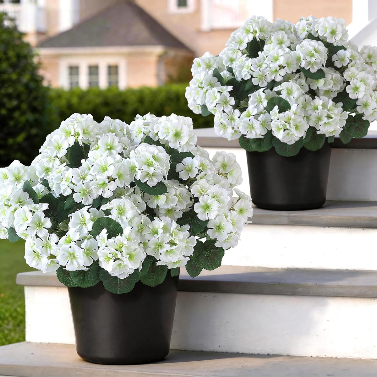 2 Pack Artificial Geranium Flowers Topitary Trees for Outdoors, UV Resistant Geraniums Potted Bushes Look Real Silk Faux Plants for Front Door Garden Porch Planter Farmhouse Home Decor (Peach Red)