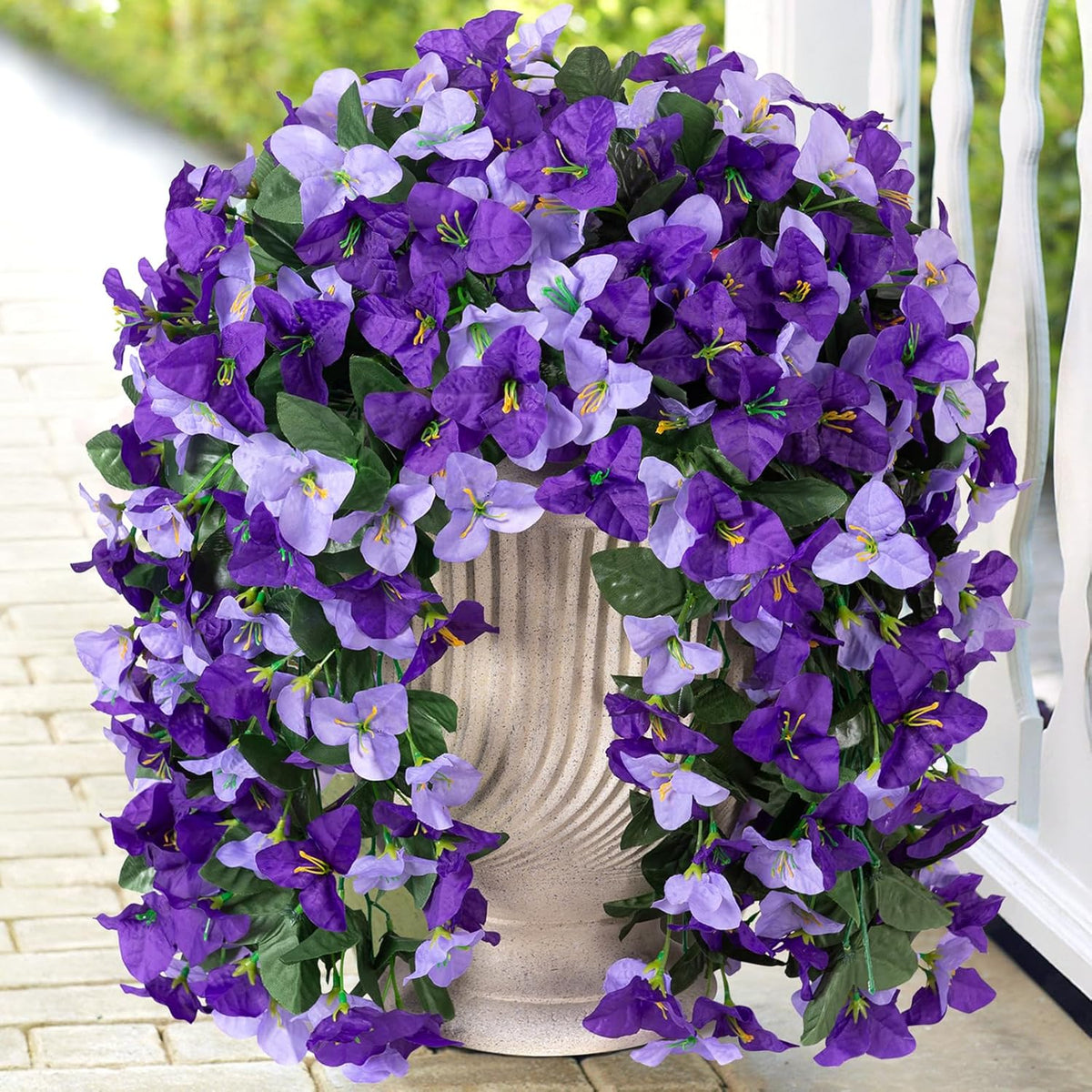 2 Pcs Artificial Faux Bougainvillea Flowers Plants for Outdoor Outside Summer Decoration, Fake Silk UV Resistant Long Trailing Vines for Front Door Porch Planter Balcony (Purple Rose Red)
