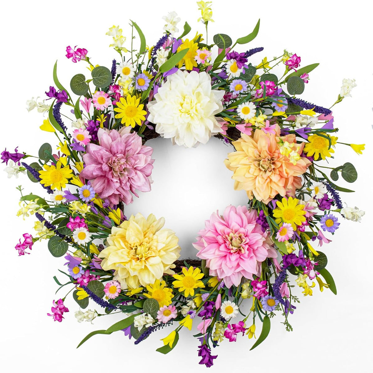 Spring Decorations for Home 22" Spring Wreath Artificial Summer Wreaths with Eucalyptus Leaf Lavender and Daisy for Easter Indoor Outdoor Home Festival Celebrations