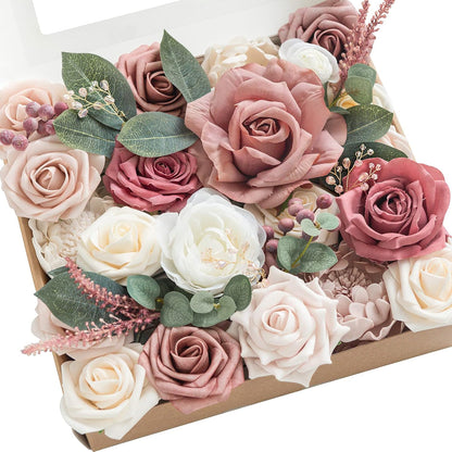 Ling's moment Fake Flowers Box, Faux Artificial Greenery Stems Foam Roses Silk Peony Ranunculus Fabic Flower for Centerpieces Bouquet Wedding Vase Floral Decorations, Garden Blush, Deluxe Combo
