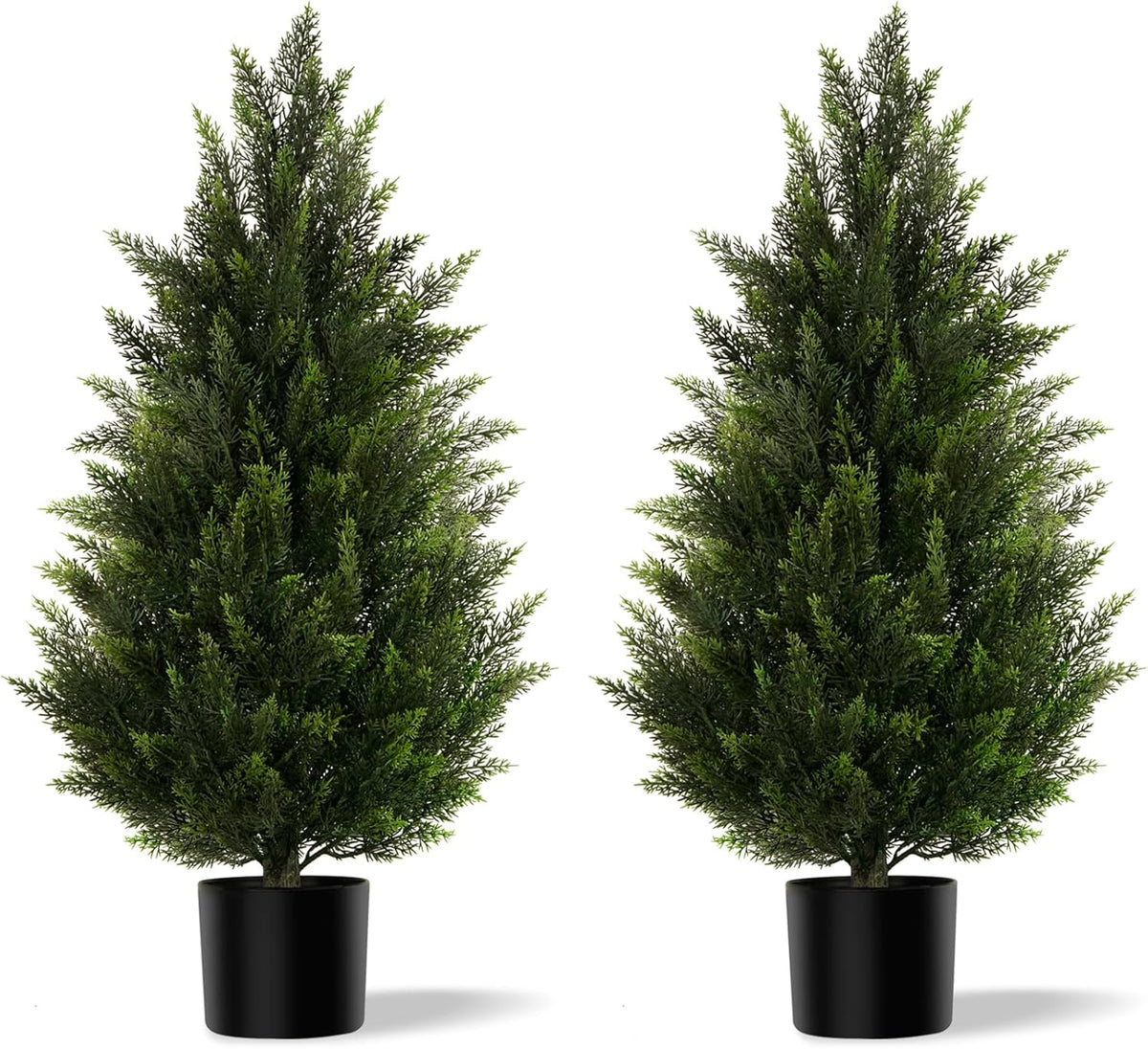 Artificial Topiary Cedar Trees 3FT Tall 2 Set with 12 Bundles Faux Silk Flowers, Outdoor Indoor Faux Pine Shrubs Plants, Fake Bushes Plants for Home Front Porch Door Patio