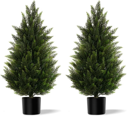 Artificial Topiary Cedar Trees 3FT Tall 2 Set with 12 Bundles Faux Silk Flowers, Outdoor Indoor Faux Pine Shrubs Plants, Fake Bushes Plants for Home Front Porch Door Patio