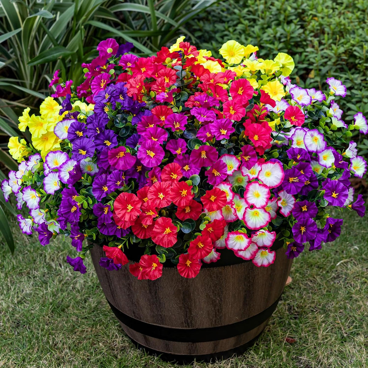 Artificial Faux Flowers for Outdoor 16 Bundles Boxwood Fake Morning Glory for Planter, UV Resistant Fake Flowers for Home Porch Patio Outside（8 Color）