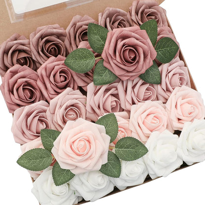 Floroom Artificial Flowers 25 Pcs Real Looking Lavender Purple Ombre Colors Foam Fake Roses with Stems for DIY Wedding Bouquets Bridal Shower Floral Centerpieces Party Tables Home Decorations