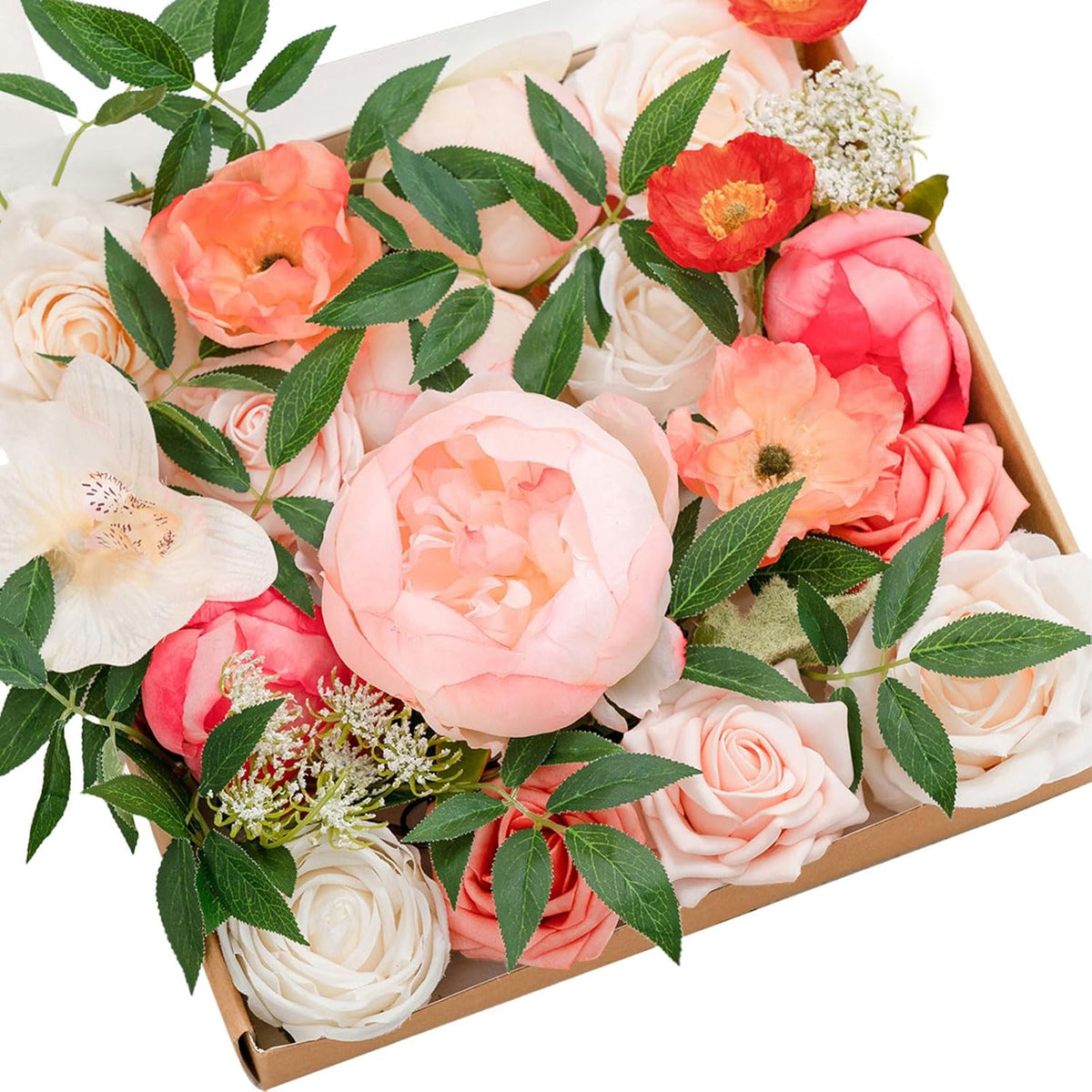 Ling's moment Fake Flowers Box, Faux Artificial Greenery Stems Foam Roses Silk Peony Ranunculus Fabic Flower for Centerpieces Bouquet Wedding Vase Floral Decorations, Garden Blush, Deluxe Combo