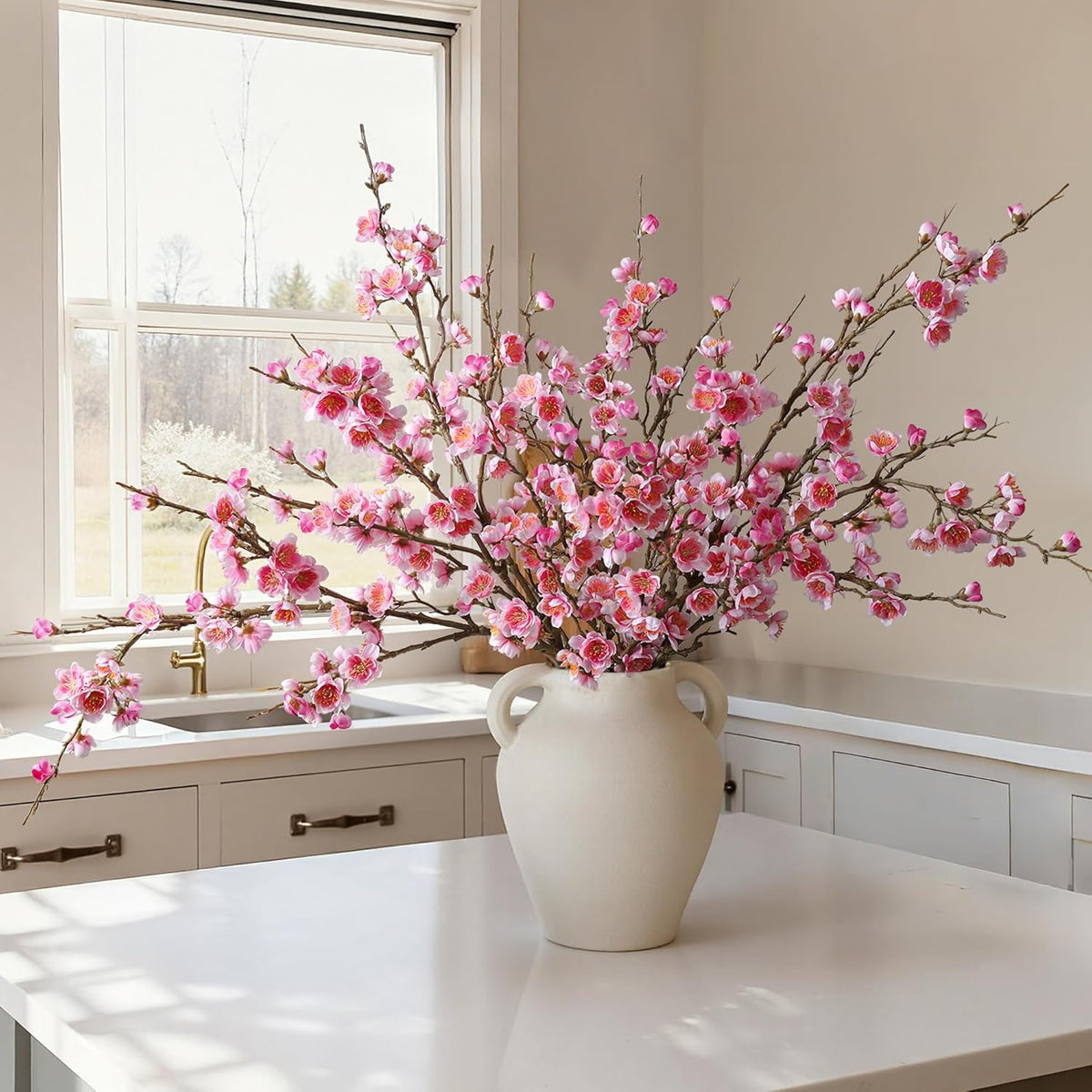 6 PCS Artificial Cherry Blossom Branches Spring Indoor Decoration, Faux Yellow Silk Flowers 34.45" Long Stems Real Touch Plum Fake Peach Plants for New Year Wedding Home Bedroom Table Office