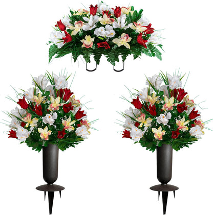 Sympathy Silks Ruby's Silk Flowers Artificial Flowers - Weighted Pot Bouquet Decoration - Height 18"-20" - Red Tulip and White Iris Potted Flowers