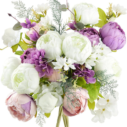 FiveSeasonStuff Artificial Peony Bouquets, 2 Cream Beige & Moss Green Silk Flower Bundles for Wedding Centerpieces & Home Decor – Vintage Peonies