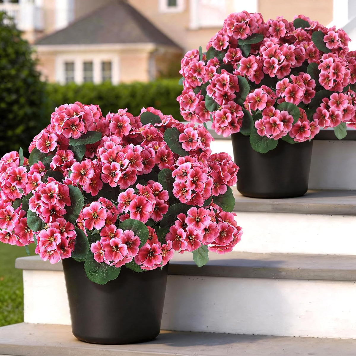2 Pack Artificial Geranium Flowers Topitary Trees for Outdoors, UV Resistant Geraniums Potted Bushes Look Real Silk Faux Plants for Front Door Garden Porch Planter Farmhouse Home Decor (Peach Red)
