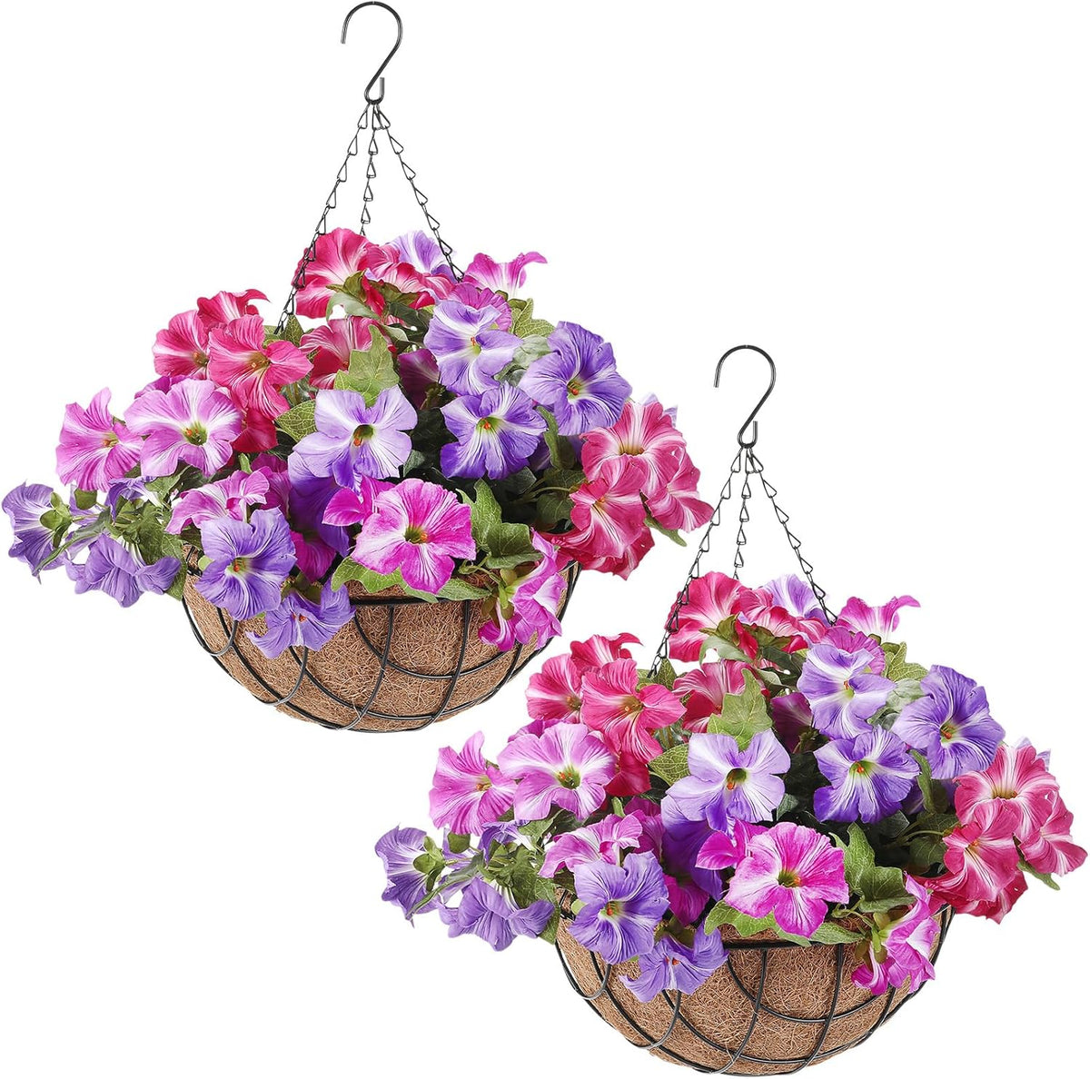 2 Pack Artificial Hanging Flowers in Basket for Spring Summer Outdoor Decor Fake Hanging Plant Faux Petunias Flower with 12 inch Coconut Lining Basket for Patio Garden Porch Home (Fuchsia)