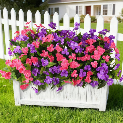 Artificial Impatiens Flowers for Outdoors, 6 Bundles Silk Fake Flowers for Spring Summer Decoration, UV Resistant Faux Plants Plastic Bouquet for Home Planter Porch Patio Yard Decor(Double Blue)