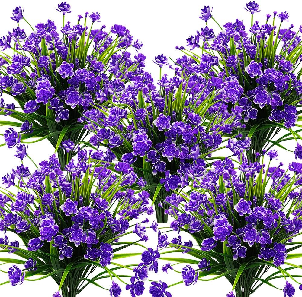 Grunyia 10 Bundles Artificial Fake Flowers, Faux Outdoor Plastic Plants UV Resistant Shrubs Outside Indoor Decorations (Blue-Eucalyptus)