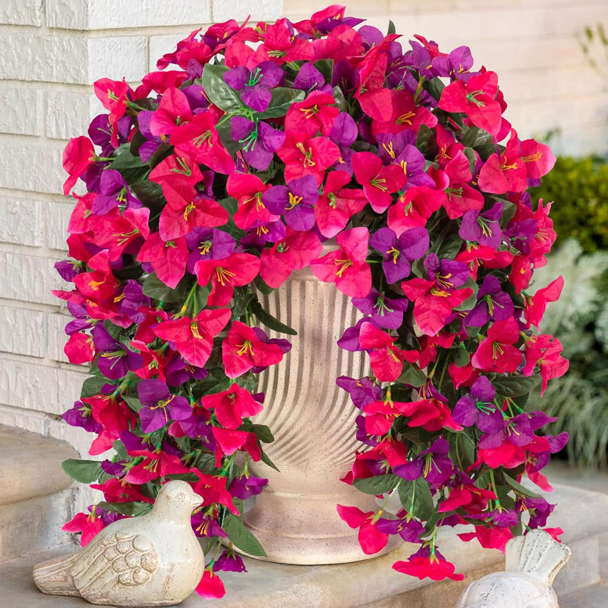 2 Pcs Artificial Faux Bougainvillea Flowers Plants for Outdoor Outside Summer Decoration, Fake Silk UV Resistant Long Trailing Vines for Front Door Porch Planter Balcony (Purple Rose Red)