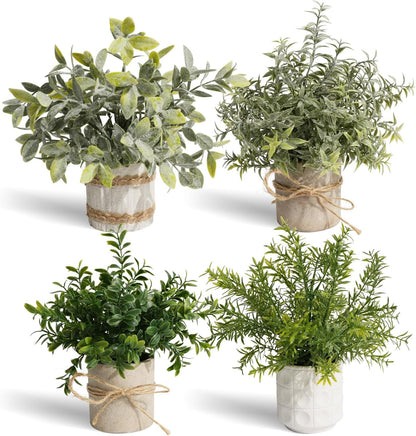 4 Pack Small Fake Plants in Pulp Pots for Home Decor, Rustic Artificial Plants Indoor, Faux Plants Indoor for Bathroom Kitchen Office Desk Shelf Farmhouse Room Decor