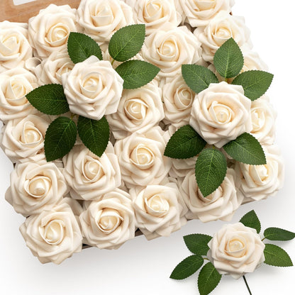 Mocoosy 50Pcs Rose Artificial Flowers, Lavender Fake Roses for Decorations, Purple Foam Fake Flowers with Stem for DIY Wedding Bouquet Bridal Shower Mother's Day Floral Arrangement Party Home Decor