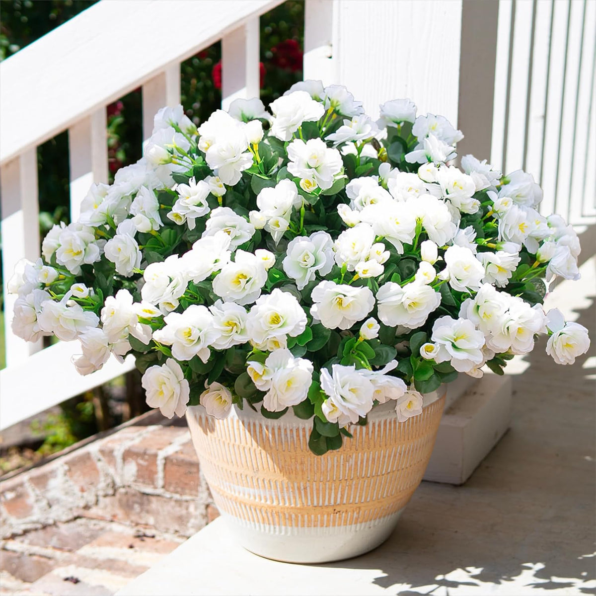 HyeFlora Artificial Fake Flowers Plants for Spring Outdoor Outside Decor, Faux Silk Yellow Camellia UV Resistant Realistic for Planter Front Door Porch Patio Balcony Decoration, 3 Large Bundles