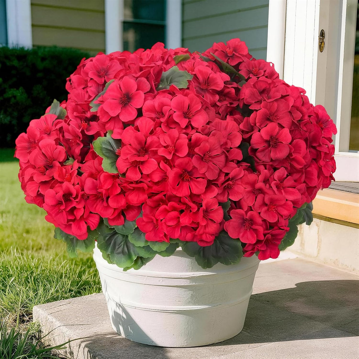 8 Pcs Artificial Geranium Flowers for Outdoor Spring Summer Decor - UV-Resistant & Realistic Silk Faux Plants for Garden Porch Patio Yard Balcony Home Kitchen Table Centerpieces Decoration, Red