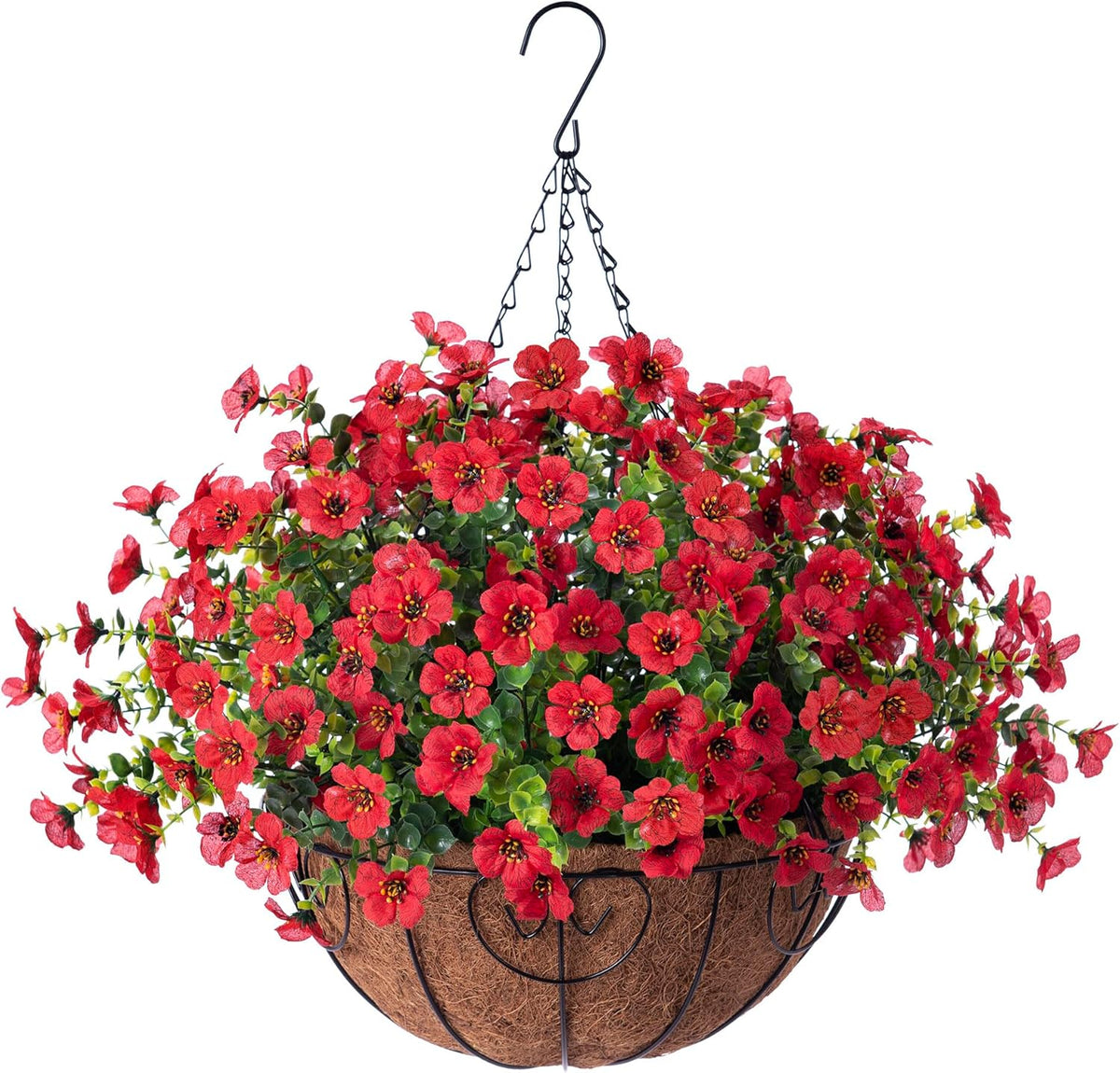 Artificial Faux Hanging Plants Flowers Basket for Spring Outdoor Decoration, Fake Silk Daisy UV Resistant Look Real with Eucalyptus Leaves Summer Outside Decor for Home Patio Garden