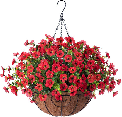 Artificial Faux Hanging Plants Flowers Basket for Spring Outdoor Decoration, Fake Silk Daisy UV Resistant Look Real with Eucalyptus Leaves Summer Outside Decor for Home Patio Garden
