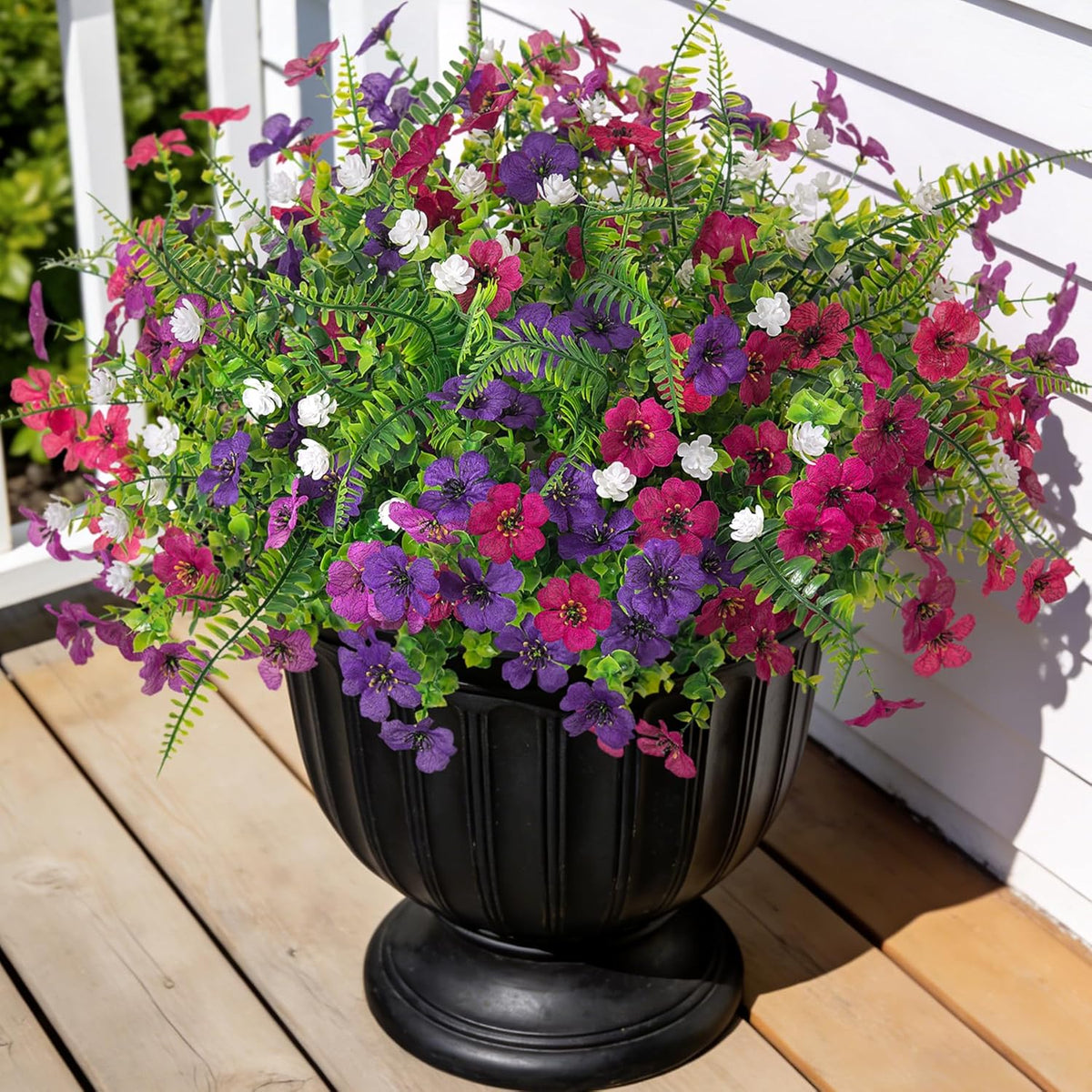 Ammyoo Artificial Fake Plants Flowers for Outdoor Spring Decor, 12 Bundles Faux Silk Mums for Planter Pot Colorful UV Resistant Look Real for Front Door Porch Patio Outside Yard(Purple Pink)