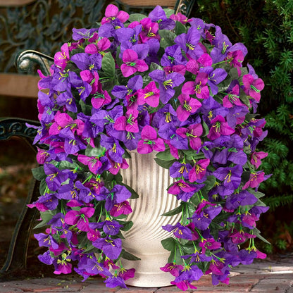 2 Pcs Artificial Faux Bougainvillea Flowers Plants for Outdoor Outside Summer Decoration, Fake Silk UV Resistant Long Trailing Vines for Front Door Porch Planter Balcony (Purple Rose Red)