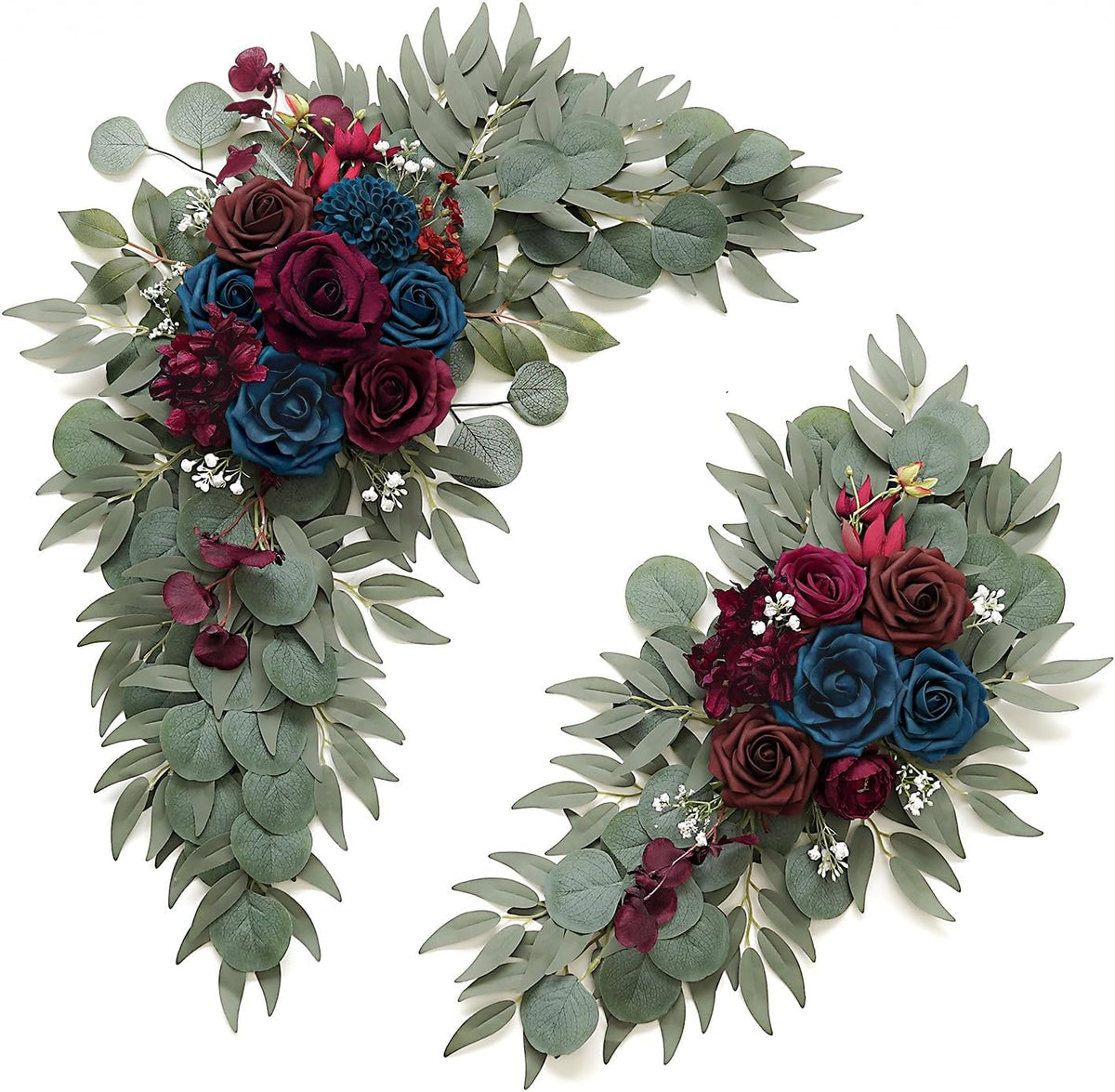 2-Pack Sage Green & White Wedding Flower Swag Set, Large: 35.43"L x 14.56"W, Small: 24.80"L x 12.99"W, Artificial Flowers for Wedding Arch, Ceremony, Table Centerpieces, Wall Hanging