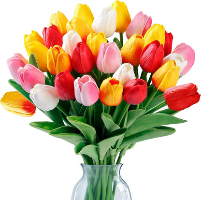 Sggvecsy 30 Pcs Fake Tulips Artificial Flowers Real Touch PU Faux Flowers Tulip Stems for Wedding Spring Bouquet Floral Arrangement Home Office Party Decorations for Mother's Day (Multi Colors)