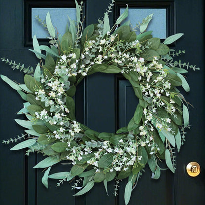26" Eucalyptus and Babys Breath Flowers Wreath for Front Door - Large Artificial Greenery Outdoor Wreath for Porch, Window, Farmhouse, Home, Hanging Decor- Spring, Summer, All Seasons (Green-White)