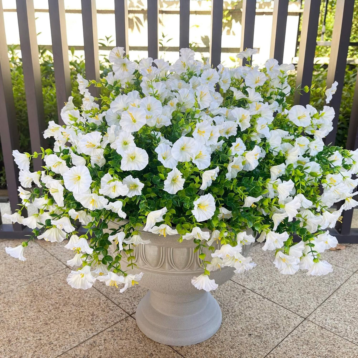 Artificial Fake Flowers For Outdoor Outside Decoration, 16 Bundles UV Resistant Faux Plastic White Flowers with Green Eucalyptus Stem Plants Bulk Look Real for Home Porch yard Patio Planters (White)