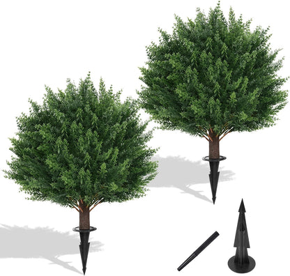 2Pcs Artificial Boxwood Topiary Ball Tree, UV Resistant Artificial Outdoor Shrubs with Spike, Decorative Evergreen Fake Topiary Bushes Plant for Front Porch Garden