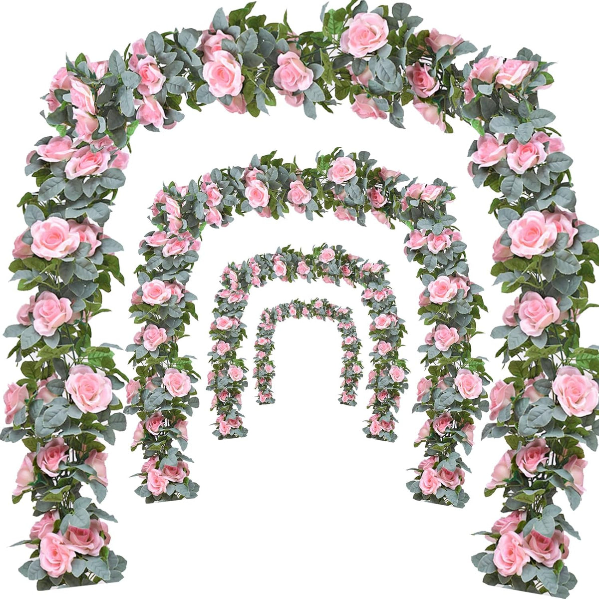 Flower Garland Rose Vine 4Pcs 28FT Artificial Floral Garland with Green Leaves Hanging Rose Vine for Wedding Party Garden Home Wall Decor (White)