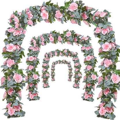 Flower Garland Rose Vine 4Pcs 28FT Artificial Floral Garland with Green Leaves Hanging Rose Vine for Wedding Party Garden Home Wall Decor (White)