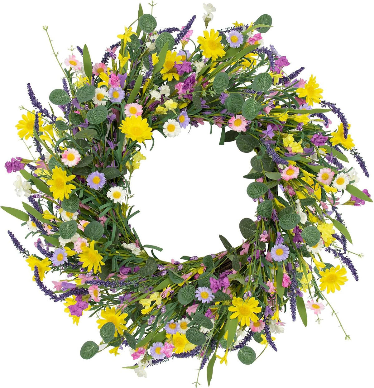 Spring Wreath 22 inch Indoor Summer Wreaths Artificial Spring Wreaths for Front Door, Tulip Wreath with Daisy and Lavender for Home Holiday Decor