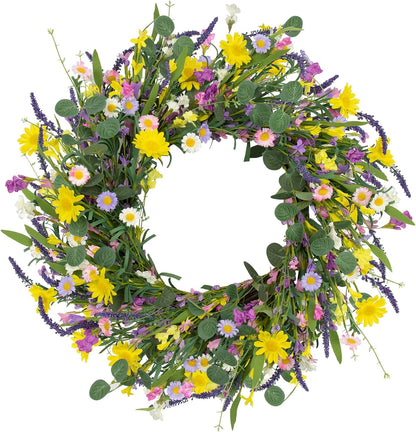 Spring Decorations for Home 22" Spring Wreath Artificial Summer Wreaths with Eucalyptus Leaf Lavender and Daisy for Easter Indoor Outdoor Home Festival Celebrations