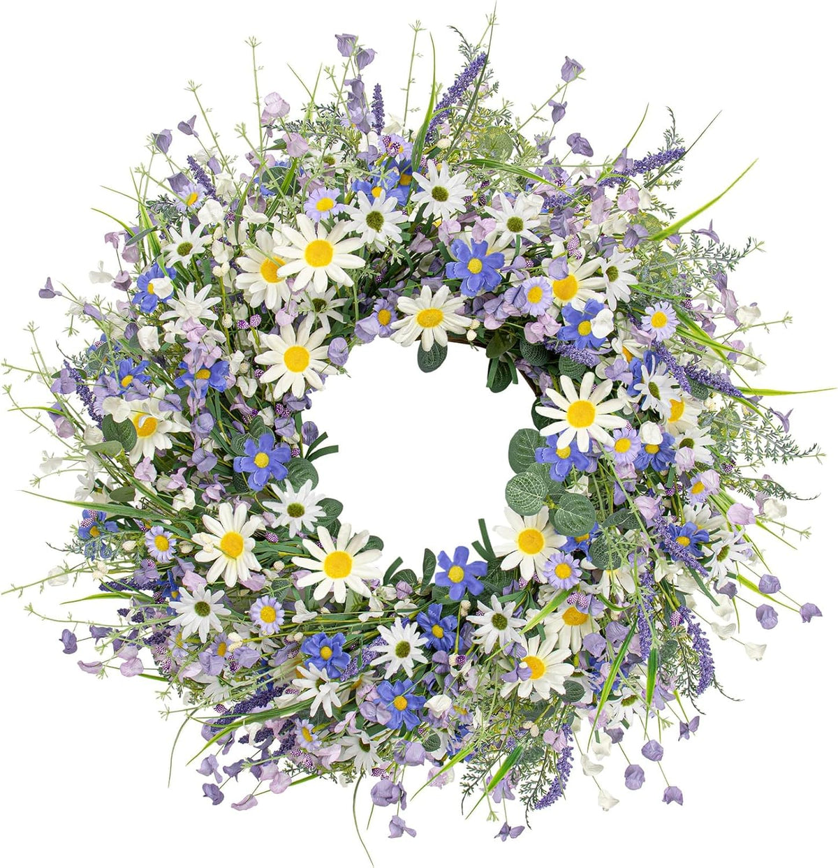 24 Inches Spring Wreaths for Front Door Blue Spring Door Wreath Summer Floral Wreath with Wildflower White Sunflower for Porch Indoors Outdoor Window Home Decorations