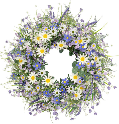 22 Inches Spring Wreaths for Front Door Blue Spring Door Wreath Summer Floral Wreath with Wildflower Lanvender for Wall Porch Indoors Outdoor Window Home Decorations