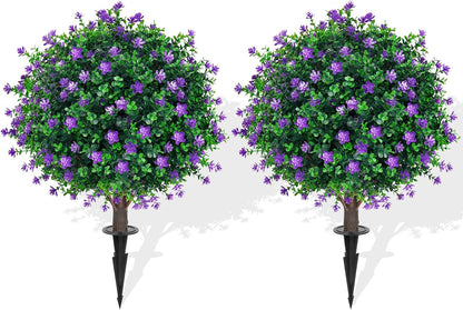 Artificial Boxwood Topiary Ball Tree Set of 2, UV Resistant Artificial Outdoor Shrubs with Spike, Decorative Evergreen Fake Topiary Bushes Plant for Front Porch Garden