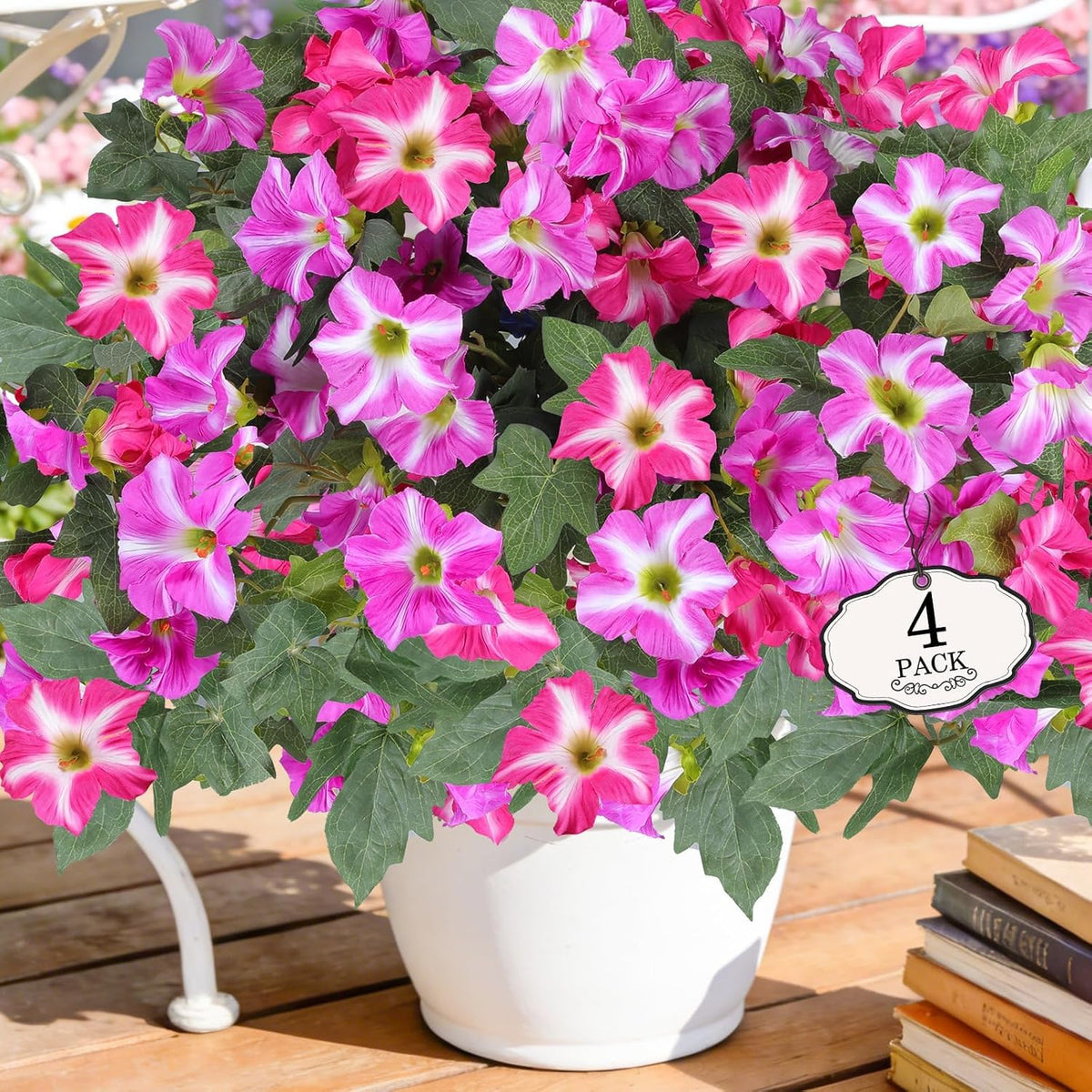 Artificial Fake Flowers for Outdoor Plants Decoration, 4 Pcs Faux Petunia Flowers Plants UV Resistant Silk for Porch Yard Garden Home Indoor Decor (Purple White)