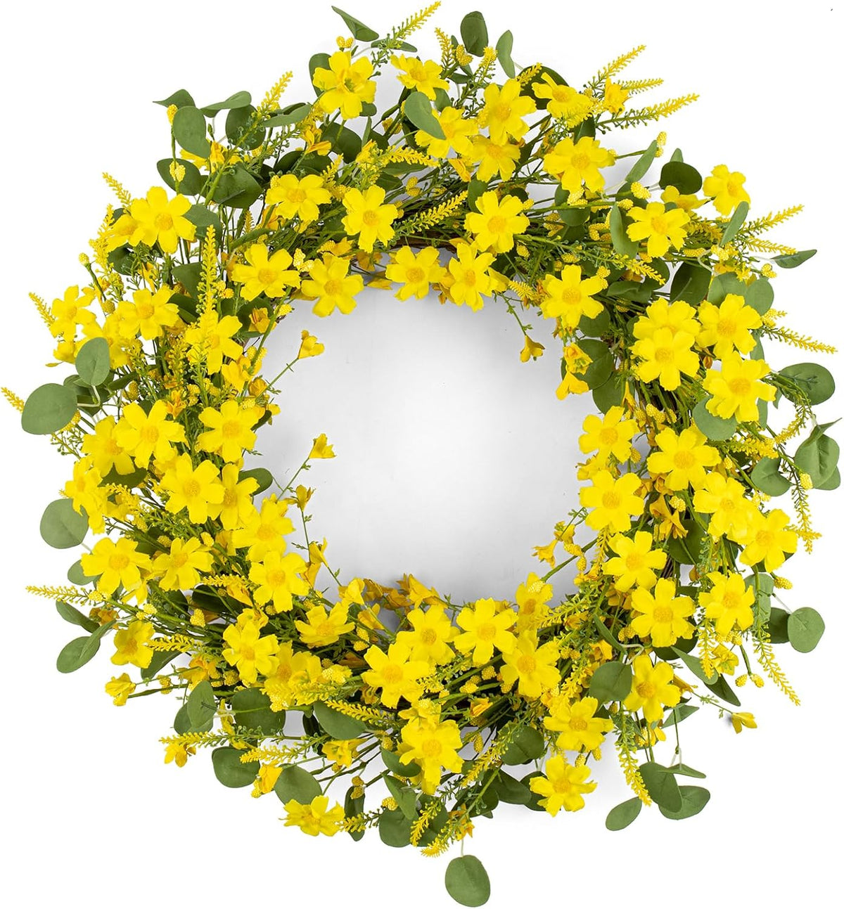 J'FLORU Artificial Spring Wreath 22 Inch Summer Wreaths for Front Door Yellow Daisy Wreath for Indoor Outdoor Home Decor and Easter Celebration