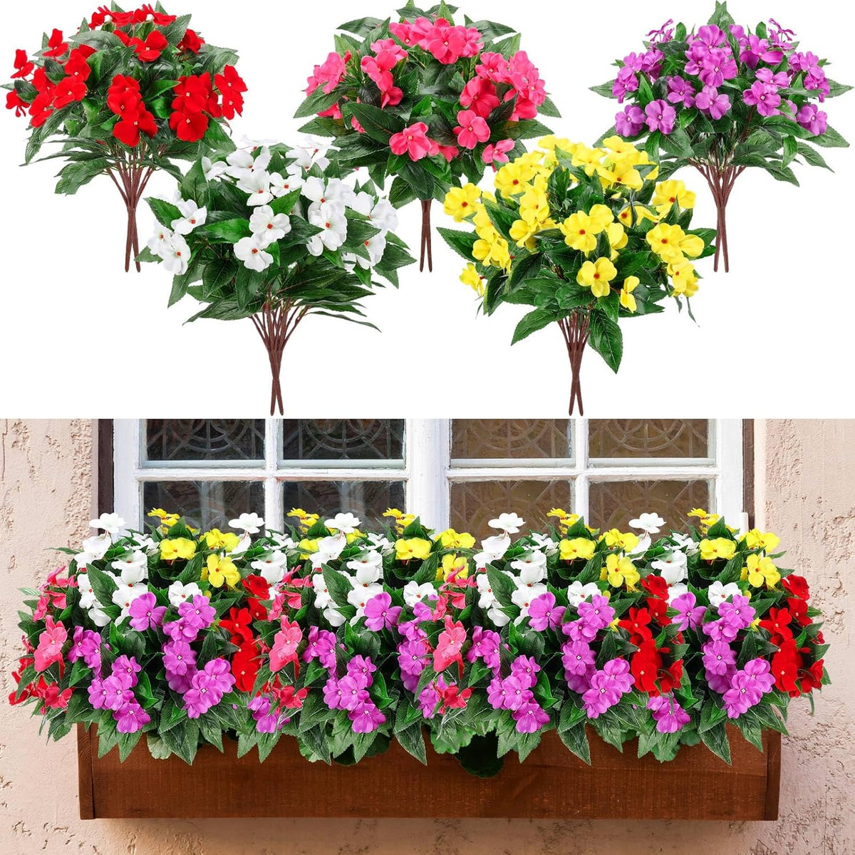 10 Bundles Artificial Impatiens Bouquet Flowers for Outdoors Silk Faux Flowers Indoor Fake Plastic Plants Patio Lawn Garden Wedding Fall Thanksgiving Decor (Multi Color)