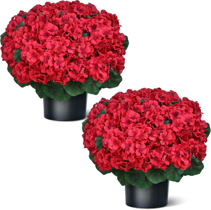 18" Artificial Geraniums Topiary - 2 Set for Front Porch Decor, Faux Silk Flowers Bushes UV Resistant Potted Plants for Outdoor Indoor Door Offices Garden Farmhouse Home Decor (Red)